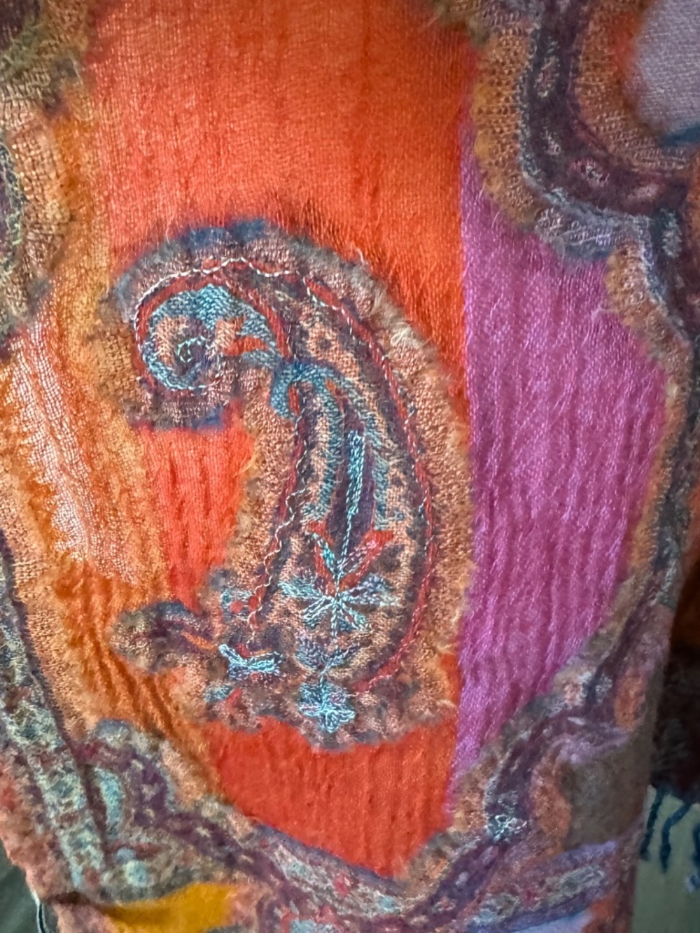 Wool Paisley Scarf Orange Red Boho Shawl Wrap Fringed Fall Winter Women's - Picture 3 of 8